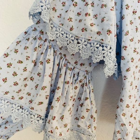 Rochelle Behrens The Shirt Blue Ditsy Floral Small Tiered Sleeve Boho Prairie - Picture 11 of 15